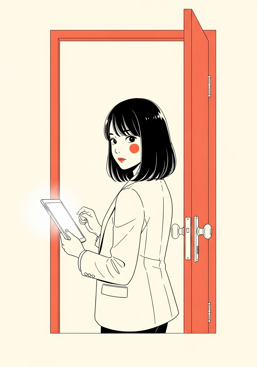 Anime illustration of a confident young woman with a glowing tablet at an opening coral-colored door — the AiKnocking metaphor.