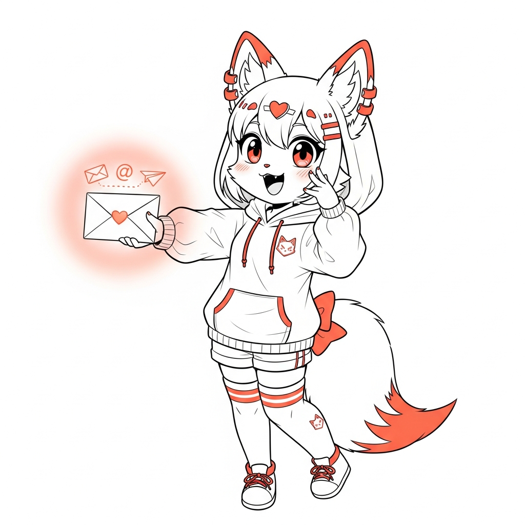 Cute anime fox-girl mascot holding a glowing envelope — the AiKnocking spirit animal.